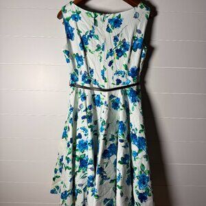 Grace Karin Dress Floral Blue Green... Sz XL Black Belt Full Skirt Sleeveless